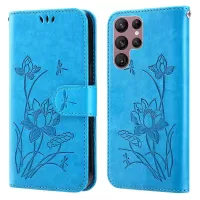 For Samsung Galaxy S22 Ultra 5G PU Leather Imprinted Lotus Wallet Case Stand Double-sided Magnetic Clasp Phone Cover with Strap - Blue