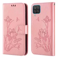 For Samsung Galaxy A12 Imprinted Lotus Well-protected PU Leather Wallet Anti-fall Stand Phone Cover with Strap - Pink