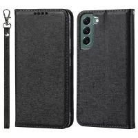 For Samsung Galaxy S22+ 5G PU Leather Silk Texture Phone Case Stand Flip Folio Wallet Cover with Wrist Strap - Black