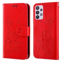 For Samsung Galaxy A32 5G Anti-fall Imprinted Lotus Case PU Leather Wallet Stand Phone Cover with Strap - Red