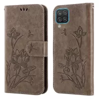For Samsung Galaxy A12 Imprinted Lotus Well-protected PU Leather Wallet Anti-fall Stand Phone Cover with Strap - Grey