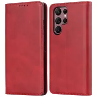 Textured PU Leather Case for Samsung Galaxy S22 Ultra 5G, Stand Wallet Design Auto Closing Magnetic Phone Cover - Red