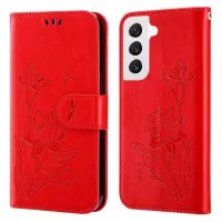 For Samsung Galaxy S22 5G Imprinted Lotus PU Leather Wallet Case Stand Function Phone Cover with Strap - Red