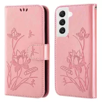 For Samsung Galaxy S22+ 5G Imprinted Lotus PU Leather Shockproof Wallet Case Adjustable Stand Cell Phone Cover with Strap - Pink