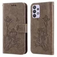 For Samsung Galaxy A32 5G Anti-fall Imprinted Lotus Case PU Leather Wallet Stand Phone Cover with Strap - Grey
