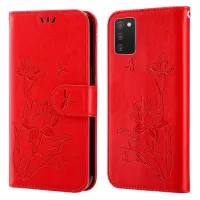 For Samsung Galaxy A03s (166.5 x 75.98 x 9.14mm) Imprinted Lotus PU Leather Drop-proof Case Wallet Stand Full Protection Shell with Strap - Red