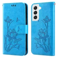 For Samsung Galaxy S22+ 5G Imprinted Lotus PU Leather Shockproof Wallet Case Adjustable Stand Cell Phone Cover with Strap - Blue