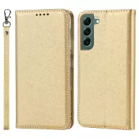 For Samsung Galaxy S22+ 5G PU Leather Silk Texture Phone Case Stand Flip Folio Wallet Cover with Wrist Strap - Gold