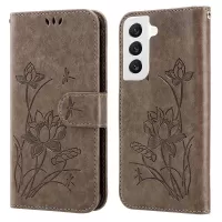 For Samsung Galaxy S22+ 5G Imprinted Lotus PU Leather Shockproof Wallet Case Adjustable Stand Cell Phone Cover with Strap - Grey