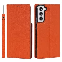 For Samsung Galaxy S22+ 5G Shockproof Genuine Leather Case Litchi Texture Wallet Stand Phone Shell with Hand Strap - Orange