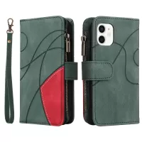 KT Multi-function Series-5 For iPhone 12 mini 5.4 inch Mobile Phone Case Bag Imprinted Curved Line Pattern Bi-color PU Leather Wallet Design Smartphone Covering - Green