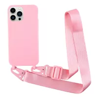 For iPhone 13 Pro Max 6.7 inch Shoulder Strap Design Matte Drop-proof Mobile Phone Case Soft TPU Cover - Pink