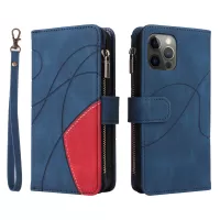 KT Multi-function Series-5 For iPhone 12 Pro Max 6.7 inch Fashionable Cell Phone Case Imprinted Curved Line Pattern Bi-color PU Leather Wallet Phone Covering - Blue