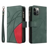 KT Multi-function Series-5 For iPhone 12 Pro Max 6.7 inch Fashionable Cell Phone Case Imprinted Curved Line Pattern Bi-color PU Leather Wallet Phone Covering - Green