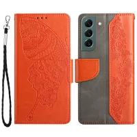 For Samsung Galaxy S22 5G Wallet Stand Function PU Leather Butterfly Flower Imprinted Phone Case - Orange