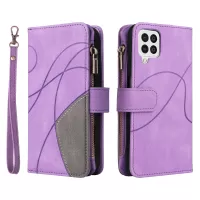 KT Multi-function Series-5 for Samsung Galaxy M32 (Global Version)/M22 4G/A22 4G (EU Version) Shockproof Wallet Case Bi-color Folio Flip Cover Anti-drop Phone Case with Zipper Pocket - Light Purple