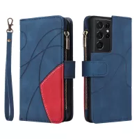 KT Multi-function Series-5 for Samsung Galaxy S21 Ultra 5G Multiple Card Slots Leather Phone Case Bi-color Splicing Zipper Pocket Wallet Stand Shell - Blue
