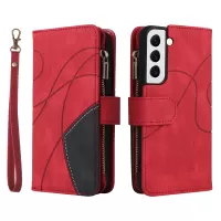 KT Multi-function Series-5 for Samsung Galaxy S22 5G Bi-color Splicing PU Leather Multiple Card Slots Zipper Pocket Phone Case with Stand Wallet - Red