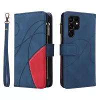 KT Multi-function Series-5 For Samsung Galaxy S22 Ultra 5G Bi-color Design Imprinted Curved Line Pattern Phone Case PU Leather Wallet Design Smartphone Covering - Blue