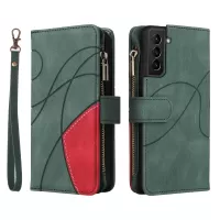 KT Multi-function Series-5 for Samsung Galaxy S21+ 5G Bi-color Splicing Multiple Card Slots Stand Case PU Leather Zipper Pocket Wallet Phone Shell - Green