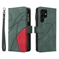 KT Multi-function Series-5 For Samsung Galaxy S22 Ultra 5G Bi-color Design Imprinted Curved Line Pattern Phone Case PU Leather Wallet Design Smartphone Covering - Green