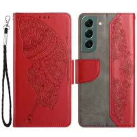For Samsung Galaxy S22 5G Wallet Stand Function PU Leather Butterfly Flower Imprinted Phone Case - Red