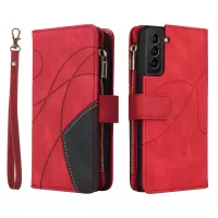 KT Multi-function Series-5 for Samsung Galaxy S21+ 5G Bi-color Splicing Multiple Card Slots Stand Case PU Leather Zipper Pocket Wallet Phone Shell - Red