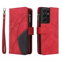 KT Multi-function Series-5 for Samsung Galaxy S21 Ultra 5G Multiple Card Slots Leather Phone Case Bi-color Splicing Zipper Pocket Wallet Stand Shell - Red