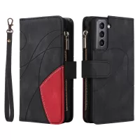 KT Multi-function Series-5 for Samsung Galaxy S21 5G Bi-color Splicing 9 Card Slots Wallet Phone Case PU Leather Stand Zipper Pocket Cover - Black