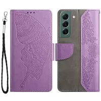 Butterfly Flower Imprinted Case for Samsung Galaxy S22+ 5G, PU Leather Wallet Stand Phone Cover - Purple