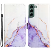 For Samsung Galaxy S22+ 5G YB Pattern Printing Leather Series-5 Full Body Protection Marble Pattern Case PU Leather Stand Phone Cover with Wallet - White Purple LS006