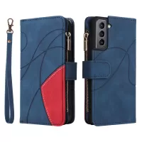 KT Multi-function Series-5 for Samsung Galaxy S21 5G Bi-color Splicing 9 Card Slots Wallet Phone Case PU Leather Stand Zipper Pocket Cover - Blue