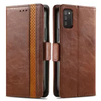CASENEO 002 Series for Samsung Galaxy A02s (164.2 x 75.9 x 9.1mm) PU Leather Splicing Phone Cover Business Style RFID Blocking Wallet Stand Case - Dark Brown