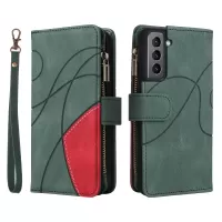 KT Multi-function Series-5 for Samsung Galaxy S21 5G Bi-color Splicing 9 Card Slots Wallet Phone Case PU Leather Stand Zipper Pocket Cover - Green