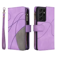 KT Multi-function Series-5 for Samsung Galaxy S21 Ultra 5G Multiple Card Slots Leather Phone Case Bi-color Splicing Zipper Pocket Wallet Stand Shell - Light Purple