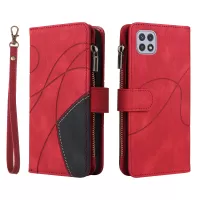 KT Multi-function Series-5 For Samsung Galaxy A22 5G (EU Version) Phone Case Handy Strap Imprinted Curved Line Pattern Bi-color PU Leather Wallet Phone Stand Cover - Red