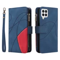 KT Multi-function Series-5 for Samsung Galaxy M32 (Global Version)/M22 4G/A22 4G (EU Version) Shockproof Wallet Case Bi-color Folio Flip Cover Anti-drop Phone Case with Zipper Pocket - Blue