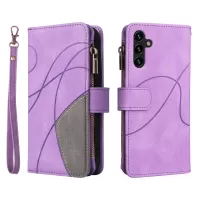 KT Multi-function Series-5 for Samsung Galaxy A13 5G Multiple Card Slots Bi-color Splicing Cover Stand Zipper Pocket Leather Anti-drop Cell Phone Case - Light Purple