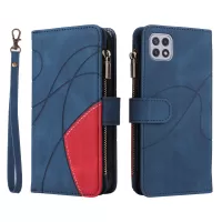 KT Multi-function Series-5 For Samsung Galaxy A22 5G (EU Version) Phone Case Handy Strap Imprinted Curved Line Pattern Bi-color PU Leather Wallet Phone Stand Cover - Blue