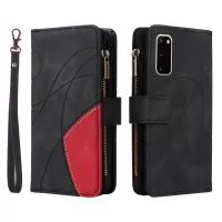 KT Multi-function Series-5 For Samsung Galaxy S20 4G/5G Wallet Phone Covering Imprinted Curved Line Pattern Bi-color PU Leather Coated TPU Phone Shell Case - Black