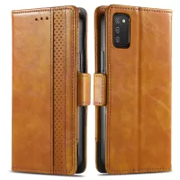 CASENEO 002 Series for Samsung Galaxy A02s (164.2 x 75.9 x 9.1mm) PU Leather Splicing Phone Cover Business Style RFID Blocking Wallet Stand Case - Light Brown