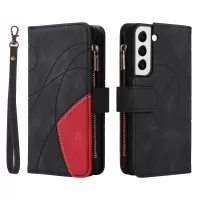 KT Multi-function Series-5 for Samsung Galaxy S22 5G Bi-color Splicing PU Leather Multiple Card Slots Zipper Pocket Phone Case with Stand Wallet - Black