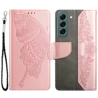 For Samsung Galaxy S22 5G Wallet Stand Function PU Leather Butterfly Flower Imprinted Phone Case - Rose Gold
