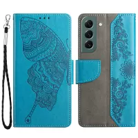 Butterfly Flower Imprinted Case for Samsung Galaxy S22+ 5G, PU Leather Wallet Stand Phone Cover - Blue