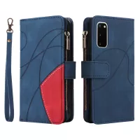 KT Multi-function Series-5 For Samsung Galaxy S20 4G/5G Wallet Phone Covering Imprinted Curved Line Pattern Bi-color PU Leather Coated TPU Phone Shell Case - Blue