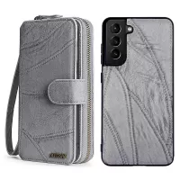 MEGSHI 004 Series 2-in-1 Detachable Leather Case for Samsung Galaxy S21 5G, Zipper Pocket Vertical Flip Phone Cover with Wrist Strap - Grey