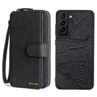 MEGSHI 004 Series 2-in-1 Detachable Leather Case for Samsung Galaxy S21 5G, Zipper Pocket Vertical Flip Phone Cover with Wrist Strap - Black