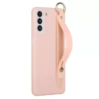 For Samsung Galaxy S22+ 5G Hand Strap Design Solid Color Soft TPU Phone Case Cover with Kickstand - Light Pink