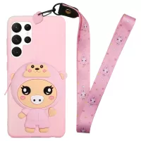 Cartoon Animal Design TPU + Silicone Hybrid Cover for Samsung Galaxy S22 Ultra 5G, Zipper Wallet Phone Case with Long Lanyard - Light Pink/Pig