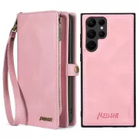 MEGSHI 017 Series Detachable Magnet Cover for Samsung Galaxy S22 Ultra 5G, Zipper Purse PU Leather Shockproof Flip Case with Wrist Strap - Rose Gold